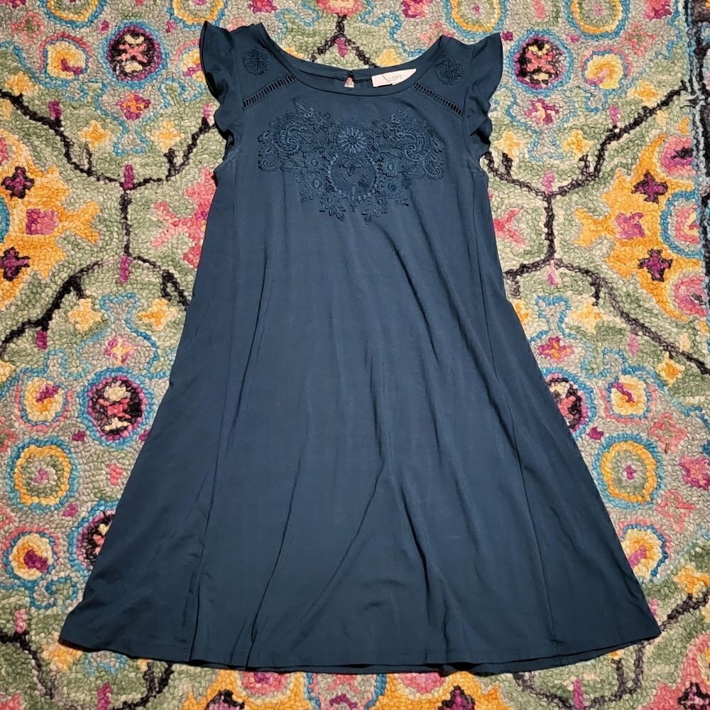 LOFT Embroidered Swing Tunic Dress Teal Women's XS